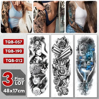 3 gab./daudz Lielu Roku Piedurknēm Tetovējums Ieroci Rožu Lauva Ūdensnecaurlaidīgus Pagaidu Tatto Uzlīmes Galvaskausa Body Art Pilna Viltus Tetovējums Sievietes Vīrieši