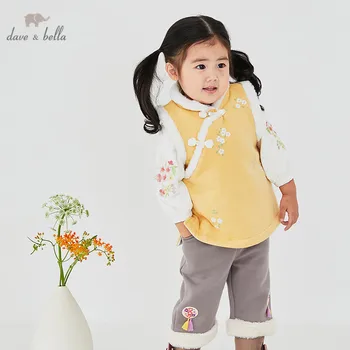 DBJ15558 dave bella ziemas bērni, meitenes Ķīniešu stila ziedu izšuvumu polsterēts mētelis bērnu modes bez piedurknēm, vestes