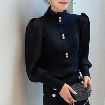 Elegants Šifons Raibs Augstu Uzrullētu Apkakli Džemperis Sievietēm 2023 Ziemas Jauno Korejas Trikotāžas Tops Ar Garām Piedurknēm Apkakli Femme
