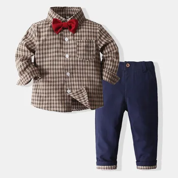 Luksusa Bērnu Apģērbu Dizainers Zēniem Pirmās Dzimšanas dienas Apģērbs Jaunu Eiropas un Amerikas Zēnu Garās piedurknēm Pleds Krekls Gadījuma Bikses Kopa