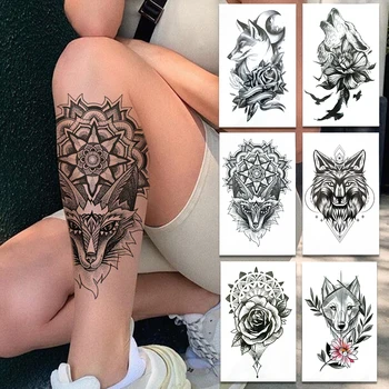 Mandala Henna Lauva Pagaidu Tetovējumiem Sievietēm, Vīriešiem Unikālo Black Wolf Rožu Ziedu Tetovējumu Uzlīmes Augšstilba Mežģīnes Sviedri Zirņu Viltus Tatoos