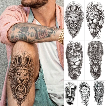Pārvedamiem Ūdensnecaurlaidīgus Pagaidu Piedurknēm Roku tatooo Uzlīmes Lauva Rīku Dzelzs Gredzenu Bultiņas tattoo, Body Art Viltus tetovējums Vīrietis Sieviete