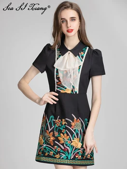 Seasixiang Modes Dizainere Vasaras Kleita Sievietēm Peter pan Apkakli, Īsām Piedurknēm, Ziedu Izšuvumi Vintage Puse Mini Kleitas