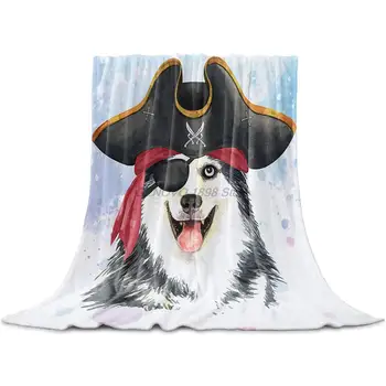 Vilnas Mest Segu Pilna Izmēra, Pirātu Eskimosu Suns ar Cepuri, Akvarelis, Viegls Fona Flaneļa Segas Dīvāns Gulta Līvi