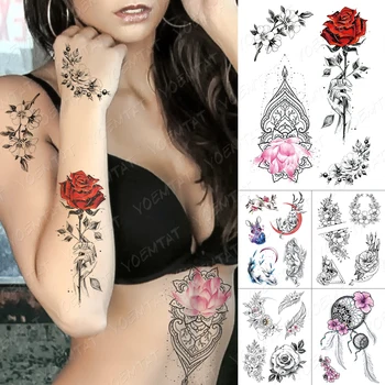 Ūdensnecaurlaidīgus Pagaidu Tetovējumu Uzlīmes Henna, Roze, Peonija Saules, Ziedu, Spalvu Body Art Flower Pārsūtīt Viltus Tatto Vīriešu Un Sieviešu Tetovējumi